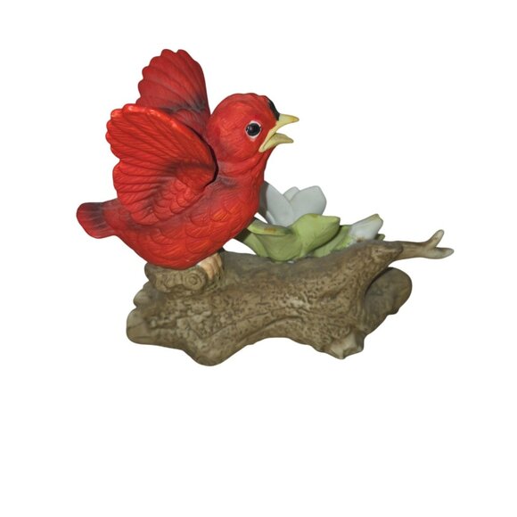 Cardinal Bird on Tree w Flower VTG 80's Lefton Figurine - Picture 4 of 8
